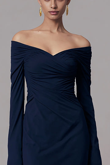 Off The Shoulder Navy Sheath Formal Dress with Long Sleeves
